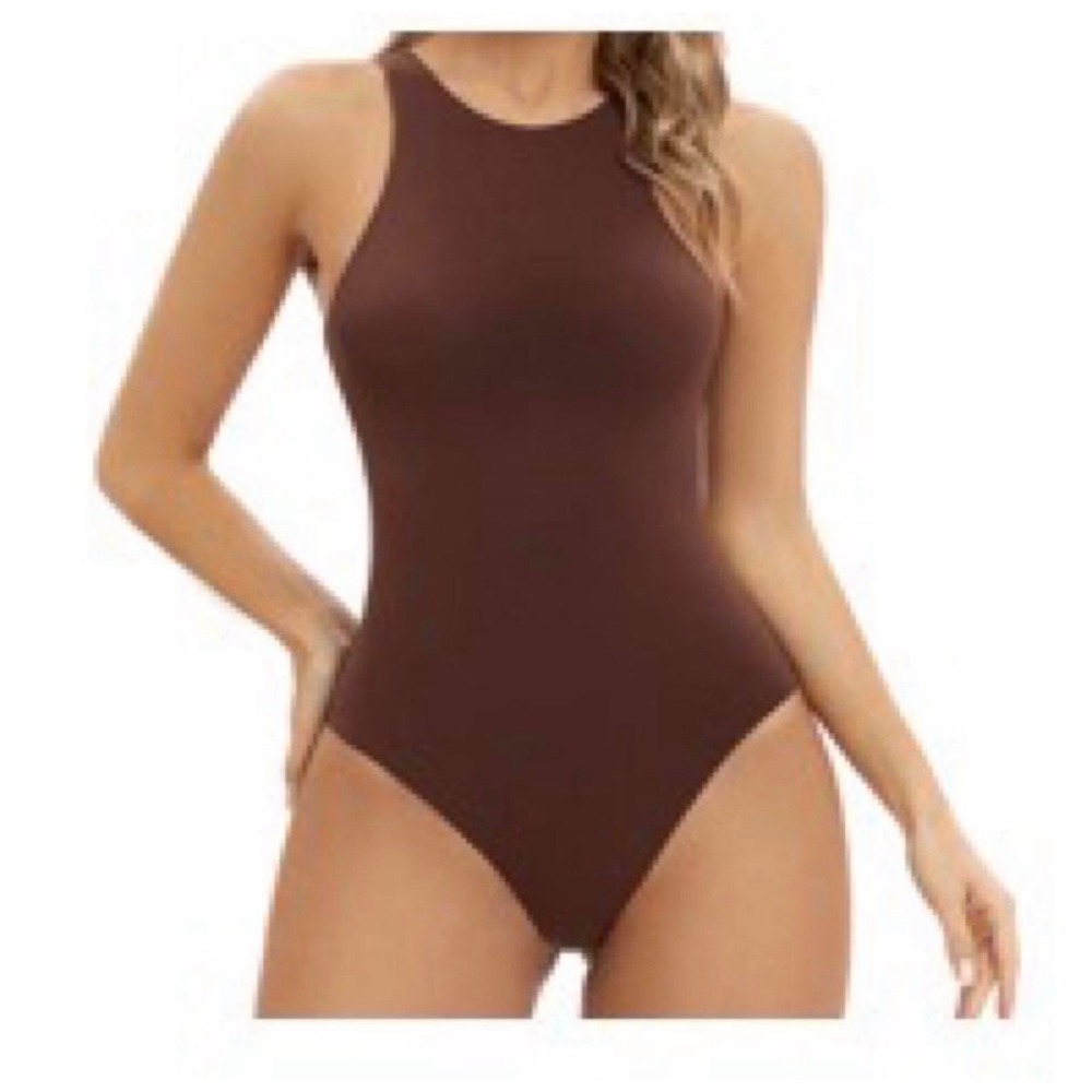 SHAPERX Womens High Neck Bodysuit Cocoa Brown Style 5241 Size Small Sleeveless